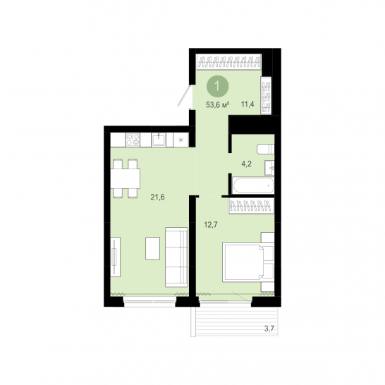 Однокомнатная квартира 53 м²