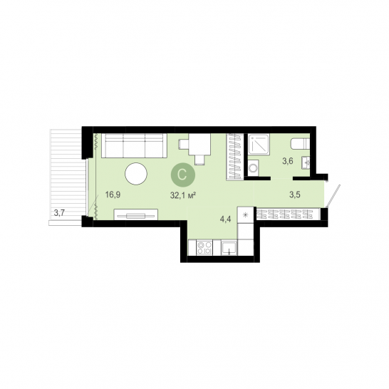 Студия 32 м²