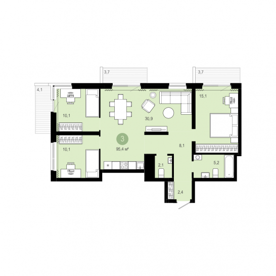 Трёхкомнатная квартира 95 м²